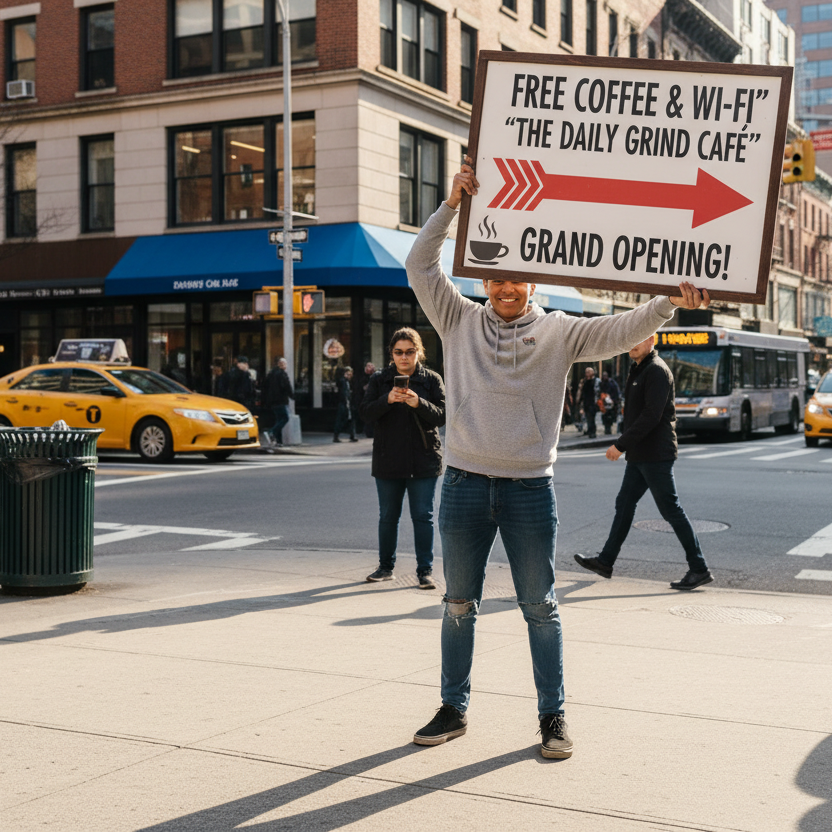person standing on street corner holding a sign advertising a business