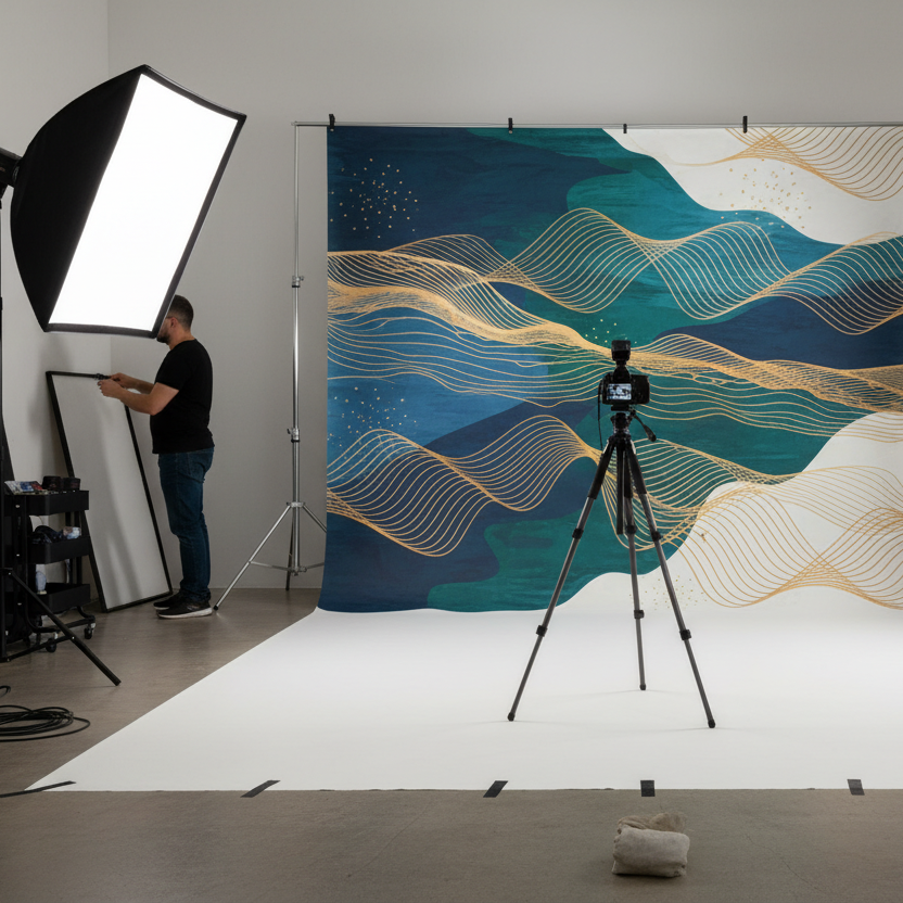 vinyl banner being used as a photo backdrop for a photoshoot