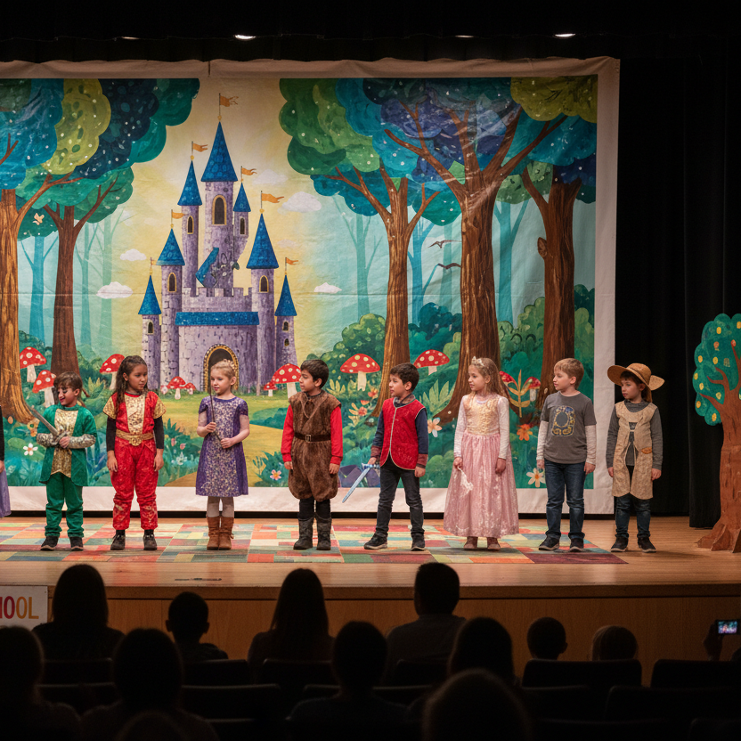 vinyl banner being used as a stage background for a kids school play